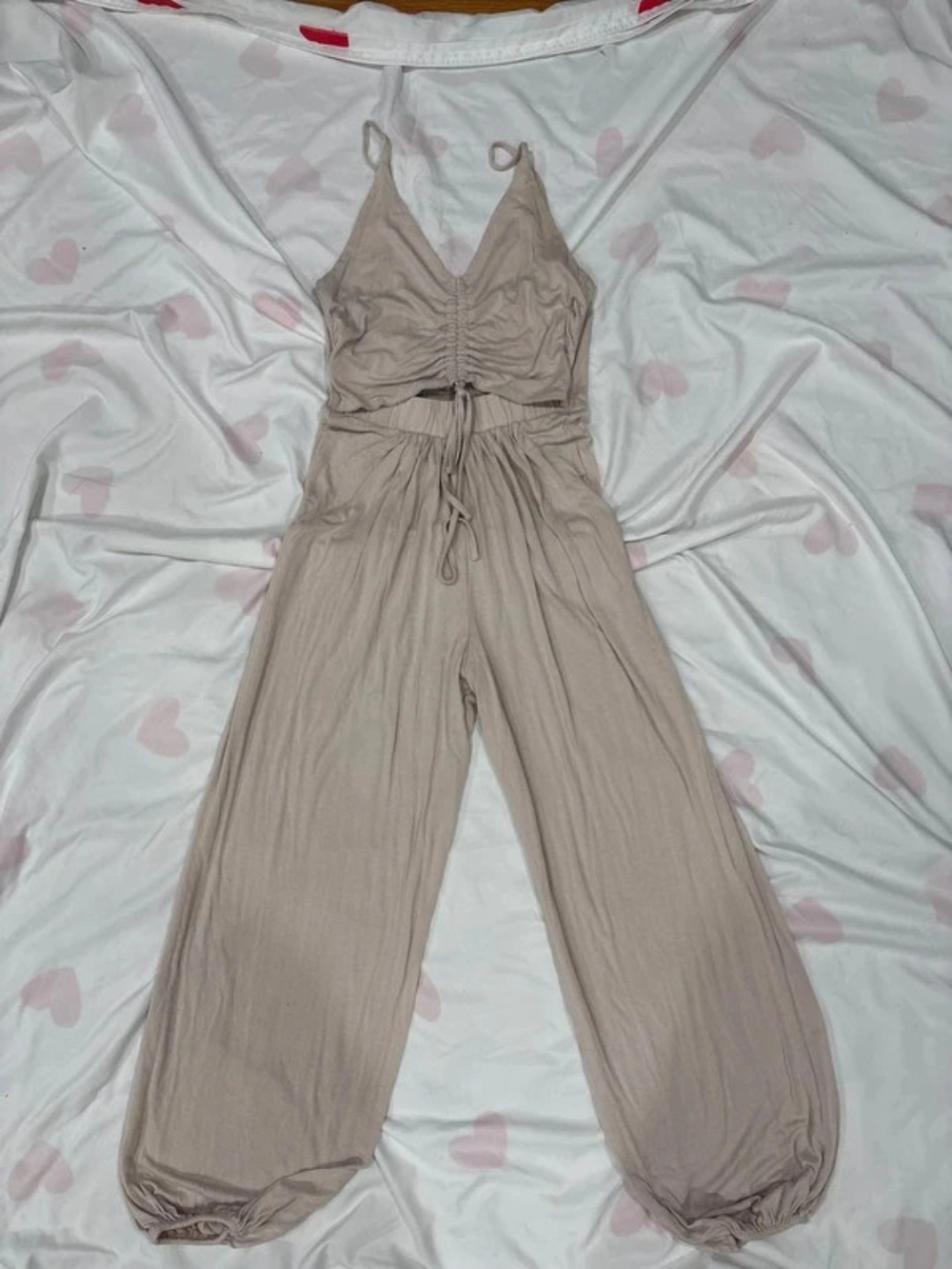 Fashion Nova Taupe Spaghetti Strap Drawstring Jumpsuit